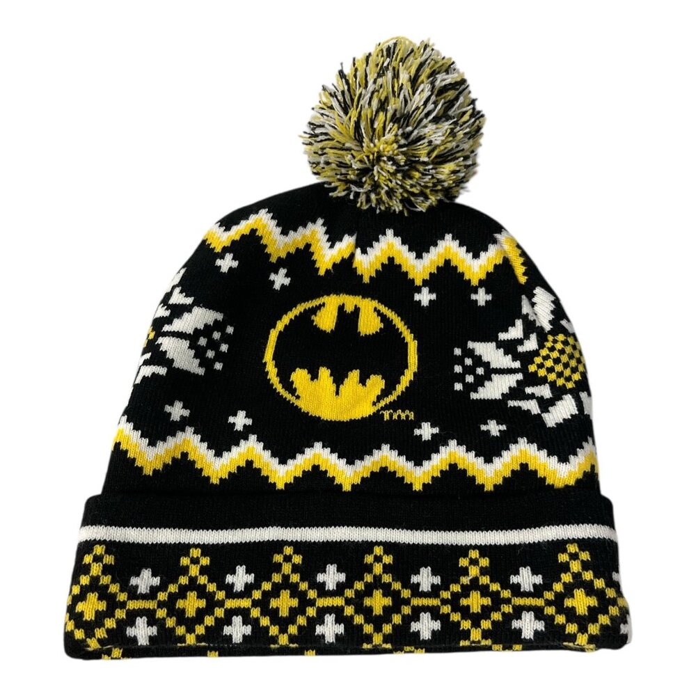 DC Comics Batman Winter Knit Pom Beanie Hat – Black Yellow White Fair Isle – One